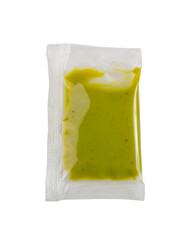 Wasabi Sauce in Square Plastic Bag Isolated, One-Time Portion of Green Sushi Sauce, Wasabi Transparent Sachet