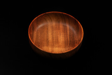 Empty Wood Bowl Isolated, Wooden Bowl on Black Background, Rustic Mock Up