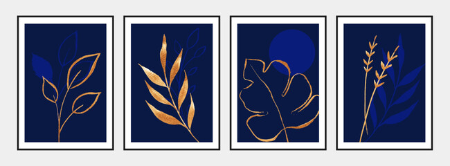 Set of wall art posters with golden watercolor leaves on deep blue background.