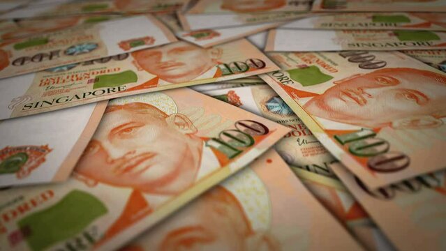 Singapore Dollar 100 SGD banknote surface. Flying over Singapore money note. 3D abstract concept of business, inflation, economy, finance, crisis and banking. Seamless and looped.