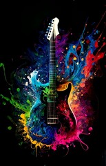 Electric guitar silhouette with rainbow paint energetic explosion, Generative AI, is not based on any original image, character or person