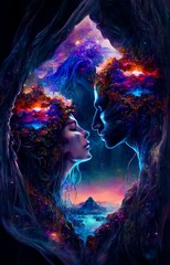 Abstract image of 2 soulmates connecting to 
 each other in a dream state with ethereal spiritual energy  ,Generative AI, is not based on any original image, character or person - obrazy, fototapety, plakaty