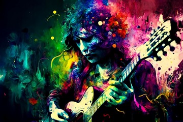 Obraz na płótnie Canvas Abstract image of a Musician playing guitar with rainbow energy behind and throughout their body, Generative AI, is not based on any original image, character or person