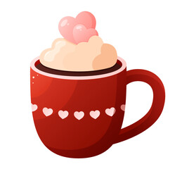 Mug for Valentine's Day. Mug with coffee, cocoa, cream, decorative hearts. Vector illustration.