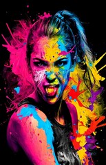 Close up of  beautiful woman's face with splashes of rainbow coloured paint on her face and exploding behind, Generative AI, is not based on any original image, character or person