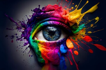 Close up of a Woman's blue eye with rainbow paint , Generative AI, is not based on any original image, character or person