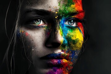 Close up of beautiful woman's face with half painted in rainbow paint, Generative AI, is not based on any original image, character or person