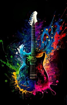 Electric guitar silhouette with rainbow paint energetic explosion, Generative AI, is not based on any original image, character or person