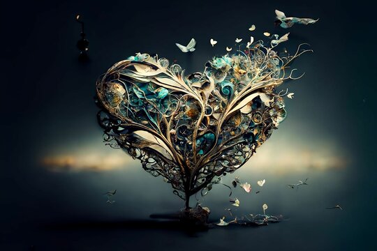 Abstract, ornate, heart made out of metal branches with birds and butterflies, Generative AI, is not based on any original image, character or person