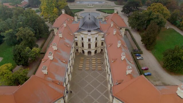 The Slavkov Castle near Brno is a unique historical building with a balcony overlooking the well-maintained castle garden, where Napoleon Bonaparte spoke to the soldiers. Czech Republic