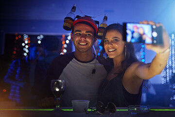Friends, night club and smile for phone selfie, celebration or social event at the night party. Happy man and woman smiling for photo moments celebrating fun vibes together with mobile smartphone