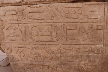 Ancient egyptian hieroglyphs carved at Karnak temple in Luxor 