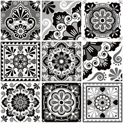 Mexican talavera tiles vector seamless navy blue pattern with flowers leaves, hearts and swirls - gray and white big set, repetitive design styled as Mexican ornamental tiles 