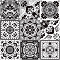 Papier Peint photo Portugal carreaux de céramique Mexican talavera tiles vector seamless navy blue pattern with flowers leaves, hearts and swirls - gray and white big set, repetitive design styled as Mexican ornamental tiles 