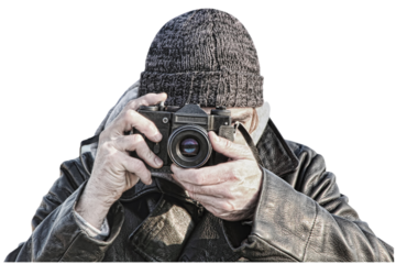 Photographer with retro photo camera isolated on transparent background.