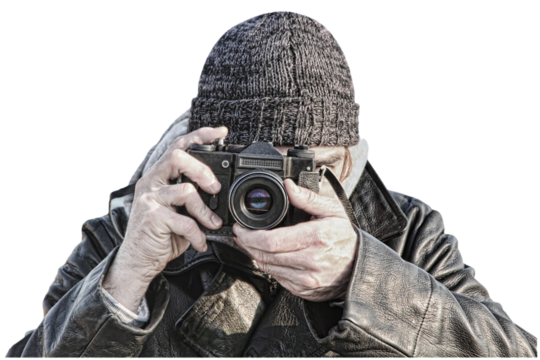 Photographer with retro photo camera isolated on transparent background.