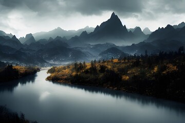 Fantasy background with mountains, fog, and river. 