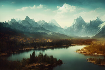 Fototapeta na wymiar Fantasy background with mountains, fog, and river. 