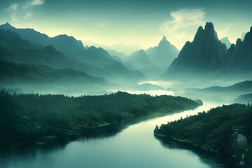 Fototapeta na wymiar Fantasy background with mountains, fog, and river. 