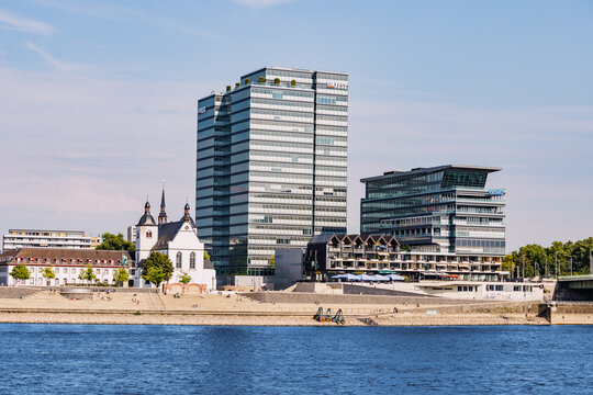 29 July 2022, Cologne, Germany: Lanxess building headquarter in Koln city with Rhein river