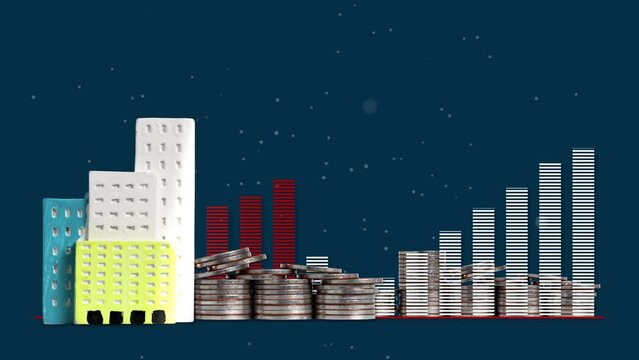 The concept of price changes in the housing market. Graph and piles of coins with business concept.
