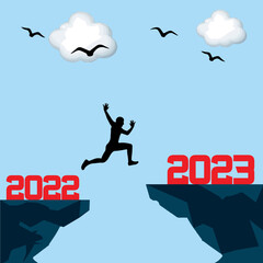 Happy new year Silhouette background. A man jumping over cliff and jump between 2022 and 2023 years. Photo Silhouette and new year concept idea.