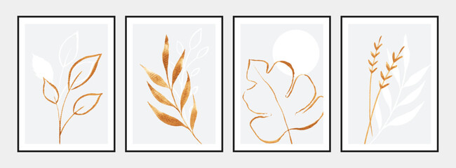 Fototapeta na wymiar Set of wall art posters with golden watercolor leaves on white background.