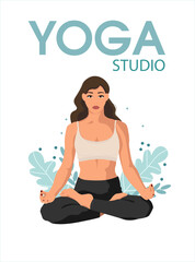 Fototapeta na wymiar Yoga health benefits of the body, mind and emotions. Pretty young woman in lotus pose, vector flat illustration.