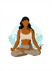 Yoga health benefits of the body, mind and emotions. Pretty young woman in lotus pose, vector flat illustration.