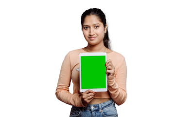 Online Banking Services Indian Female Model Displaying Offers and Discount as Advertisement on mobile PNG of young female model holding Greenscreen.