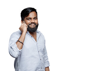 PNG of a happy young Indian man with beard talking on the phone with expressive eyes