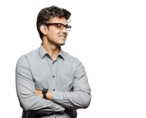 PNG Photo of an attractive bossy young businessman with crossed arms friendly smiling looking at colleagues, empty space wearing specs isolated transparent background.
