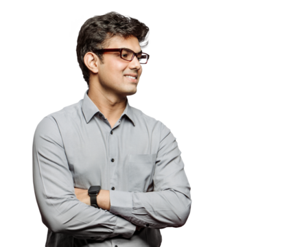 PNG Photo of an attractive bossy young businessman with crossed arms friendly smiling looking at colleagues, empty space wearing specs isolated transparent background.