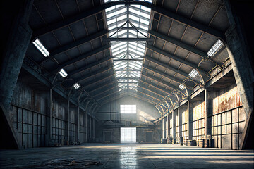 Empty old military hangar or warehouse storage hall (Generative AI) - obrazy, fototapety, plakaty