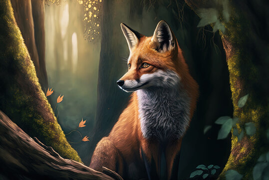 A stunning fox in the woodland, captured in horizontal format. Generative AI