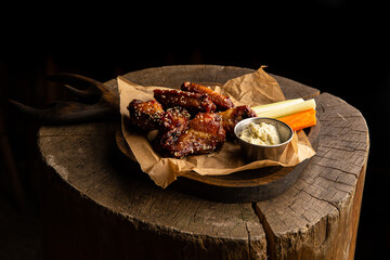 Chicken wings in teriyaki sauce with sticks of carrots, celery with sour cream sauce