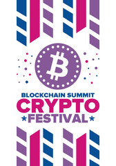 Fototapeta na wymiar Crypto Festival. Blockchain Summit. Digital money and smart online technology. Finance, banking and business illustration. Cryptocurrency mining. Bitcoin logo. Flat design. Vector poster