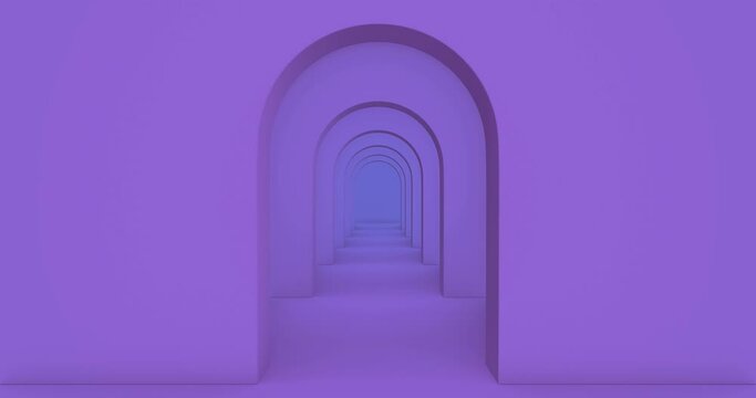 Motion zoom business roads inside arc. Purple matte wall. Arch hallway simple geometric background, architectural corridor, portal, and arch columns inside empty walls. Modern 4k minimal concept