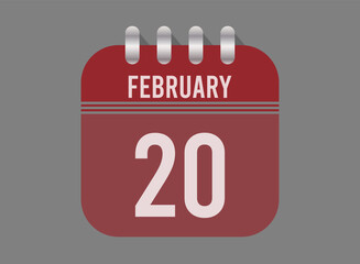 20 February calendar icon. Page vector for calendar on February days. Red design with dark background