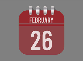 26 February calendar icon. Page vector for calendar on February days. Red design with dark background