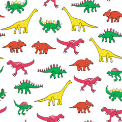 Dinosaurs doodle vector seamless pattern.