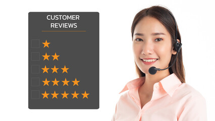 Young  asian woman in customer service center. Customer service evaluation concept.