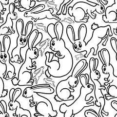 seamless pattern with rabbits black and white coloring digital illustration print 