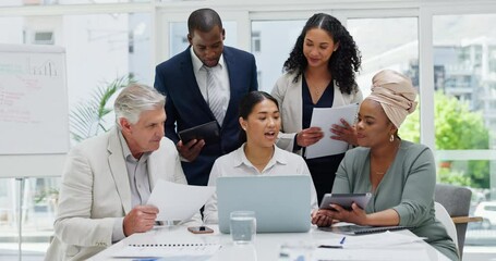 Business meeting, staff and collaboration with teamwork for a legal strategy in an advocate office. Lawyer group with documents and tech in a brainstorm meet planning with innovation for a case