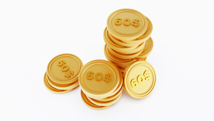3D render of golden stack coins isolated on a white background. sixty dollar coins