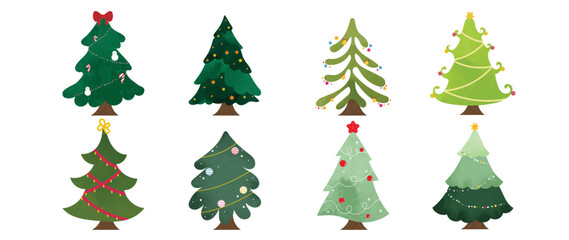 Obraz na płótnie Canvas Set of watercolor christmas tree vector illustration. Collection of hand drawn cute decorative christmas trees isolated on white background. Design for sticker, decoration, card, poster, artwork. 