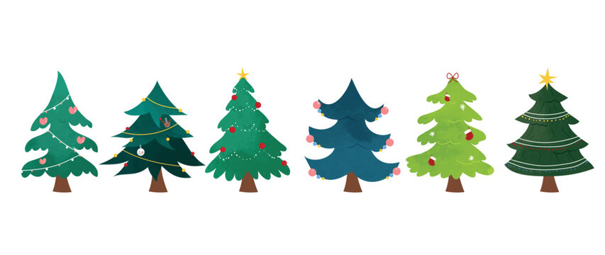 Set of watercolor christmas tree vector illustration. Collection of hand drawn cute decorative christmas trees isolated on white background. Design for sticker, decoration, card, poster, artwork. 