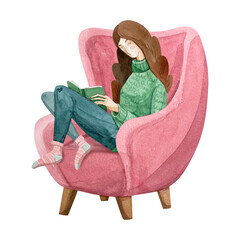 Reading girl in a chair. Painted in watercolor on a white background.