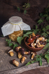 Pile of Imleria Badia or Boletus badius mushrooms commonly known as the bay bolete with canned mushroom in glass jar on vintage wooden background..