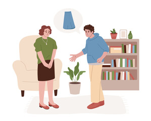 Psychological abuse. Controlling husband yelling at wife. Shaming for short skirt. Slutshamming abusive behavior. Domestic violence concept. Abusive relationship. Flat cartoon vector illustration.